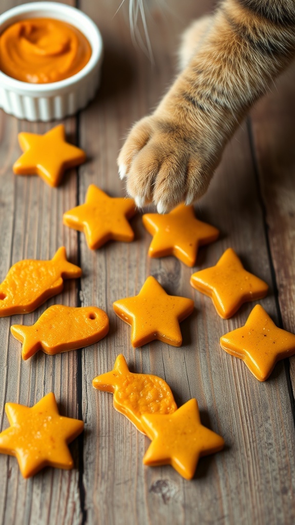 Homemade pumpkin cat treats shaped like fish and stars on a wooden table with a bowl of pumpkin puree.